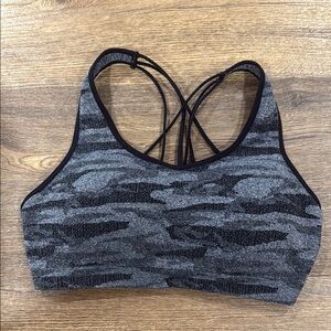 Gray Camouflage Racerback Sports Bra with Strappy Details